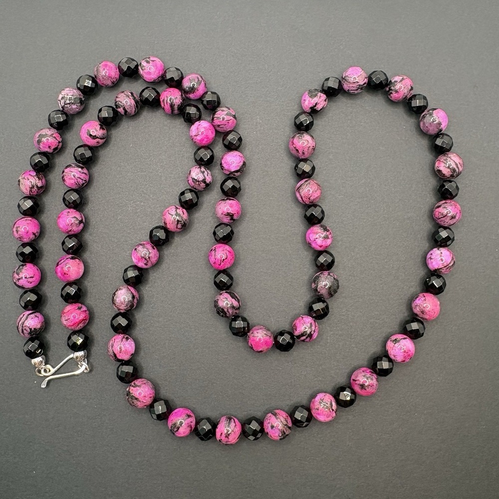 Jay King DTR Pink Plume Agate & Black Faceted Chalcedony Necklace 925 Silver 36"